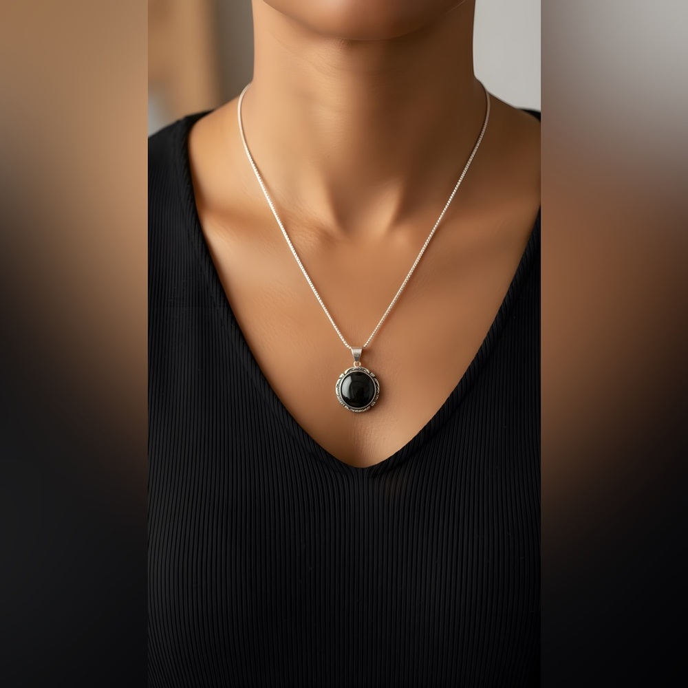 Small Authentic Native American Sterling Silver Onyx Pendant